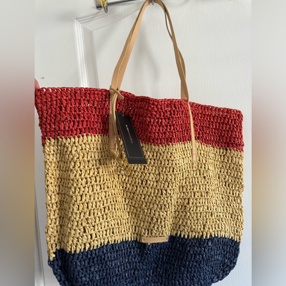 NWT BCBGMaxAzria Red, Blue, Tan Straw Should Tote/ Beach Bag